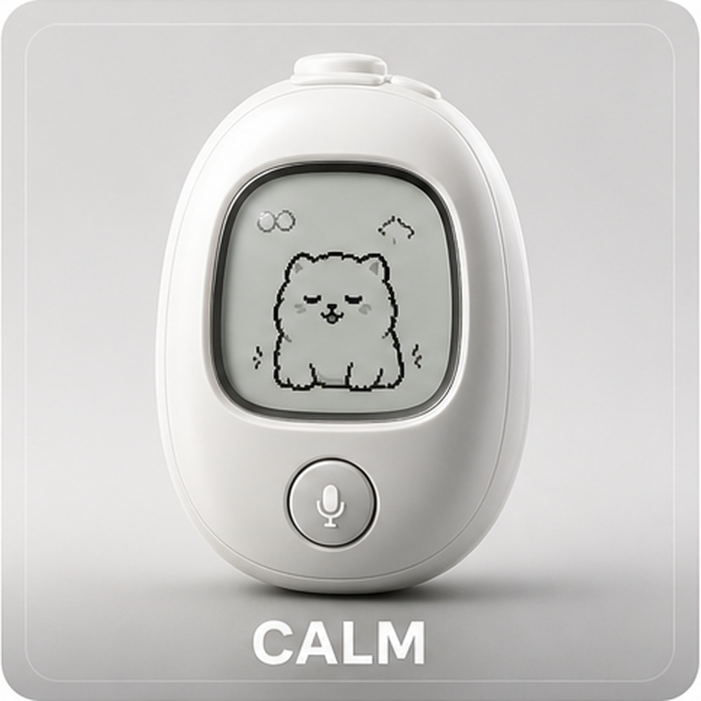 Calm Vivlet personality card with a white device and relaxed pet.