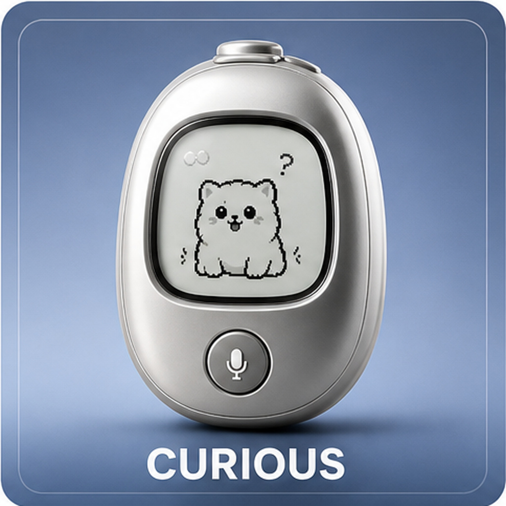 Curious Vivlet personality card with a silver device and attentive pet.