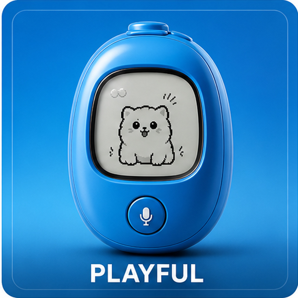 Playful Vivlet personality card with a blue device and lively pet.