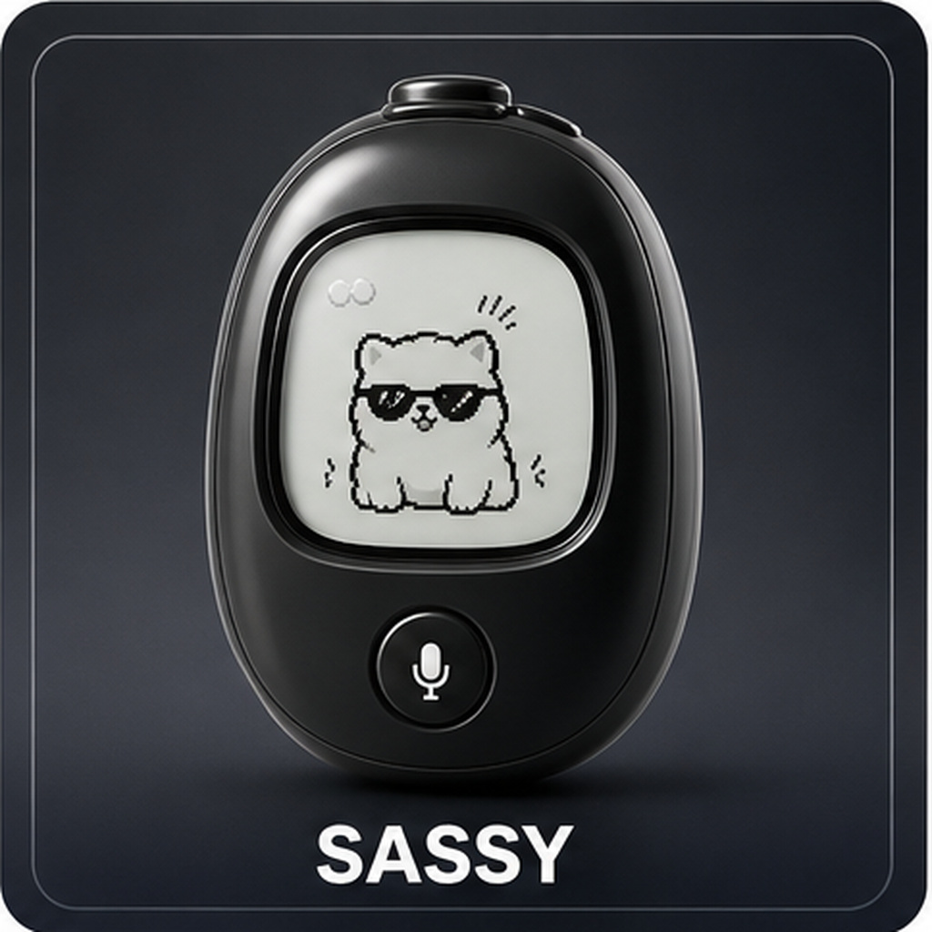 Sassy Vivlet personality card with a black device and sunglasses pet.