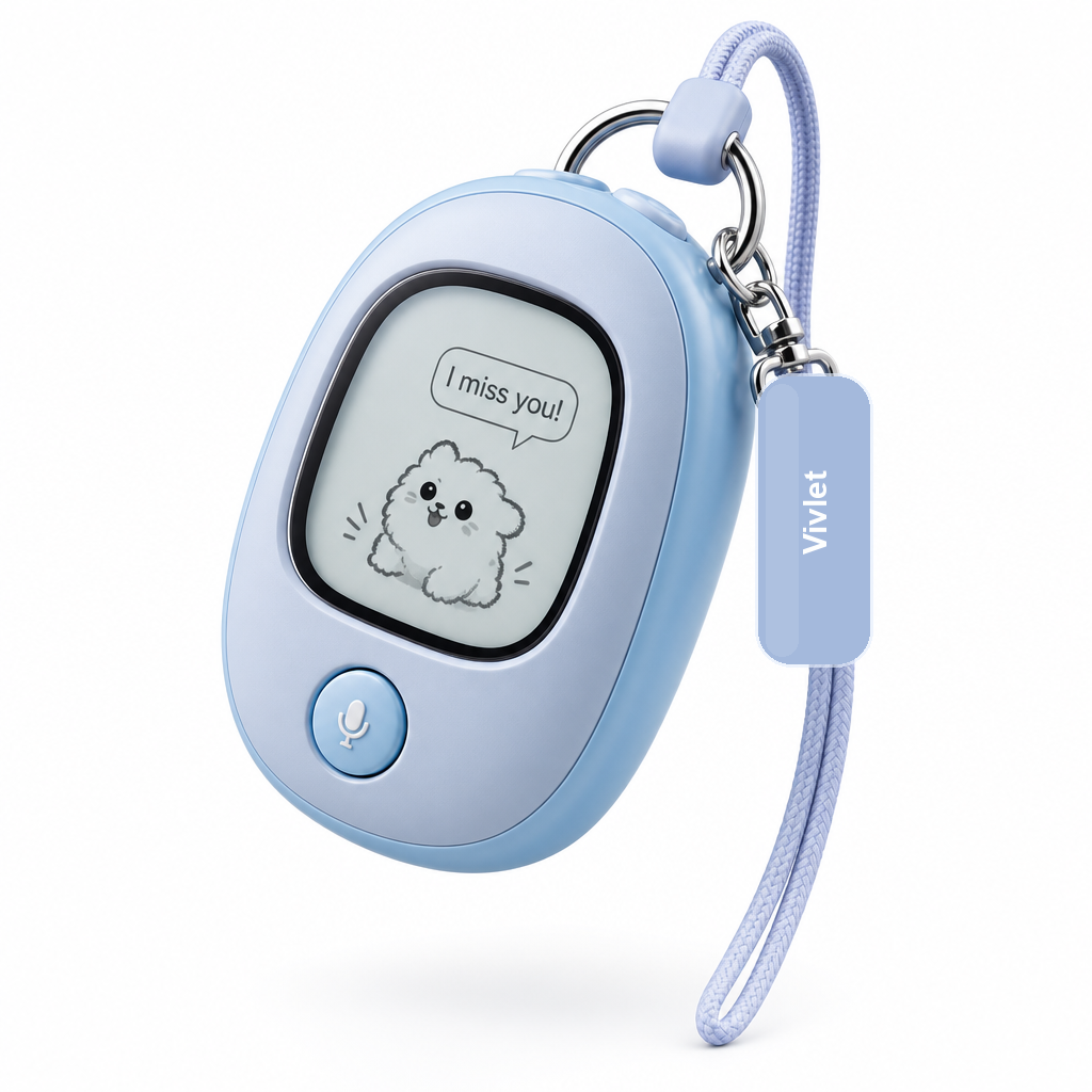 Sky blue Vivlet digital pet keychain with E-Ink screen and wrist strap.